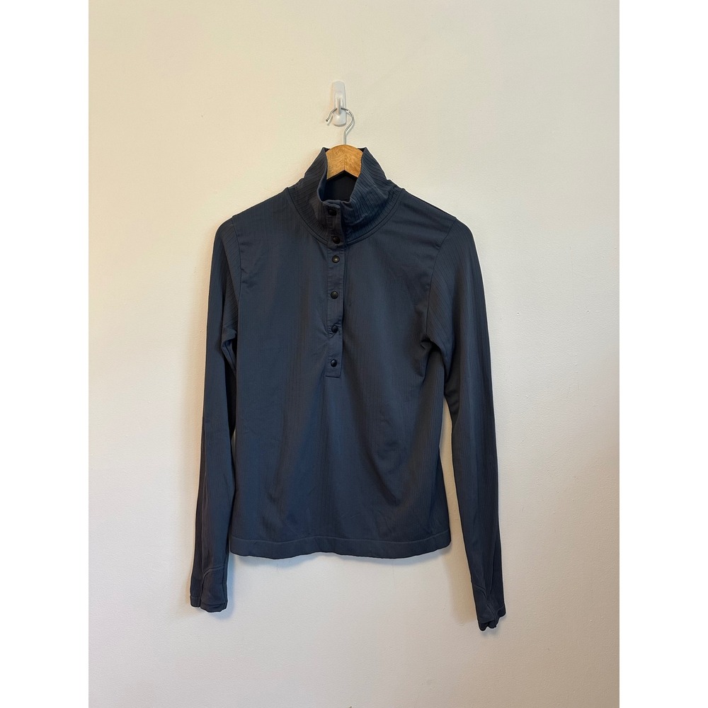 Athleta Charcoal Gray Ribbed Mock Neck Snap Button Long Sleeve Top